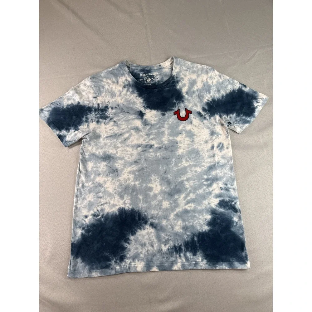 True Religion Buddha World Tour Tie Dye T-Shirt Mens M Blue Crew Neck Horseshoe